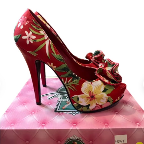 Pinup Couture Shoes - Pinup Couture Red Floral Heels